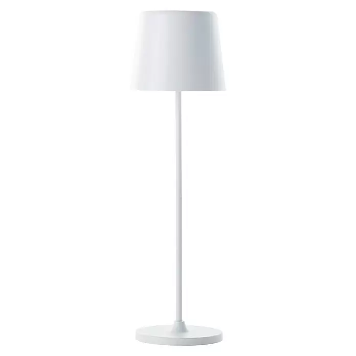 Brilliant Akku-Tischleuchte Kaami - 2 W, Weiß, Warmweiß - Weiße moderne Tischlampe mit konischem Schirm, geradem Ständer und rundem Fuß.