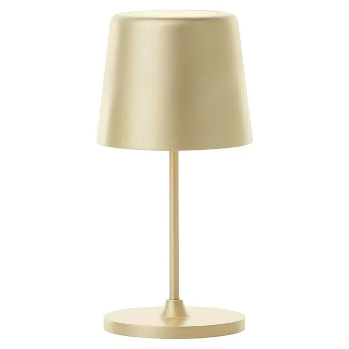 Brilliant Akku-Tischleuchte Kaami - 2 W, Gold, Warmweiß - Matte beigefarbene Tischleuchte mit zylindrischem Schirm und schlankem Stiel.