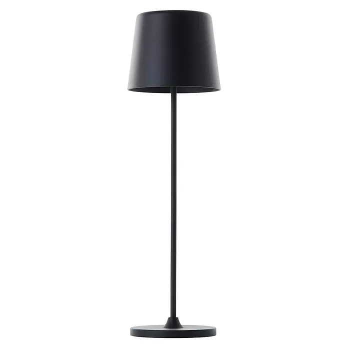 Brilliant Akku-Tischleuchte Kaami - 2 W, Schwarz, Warmweiß - Schwarze Mattmetall-Lampe mit zylindrischem Schirm und rundem Fuß.