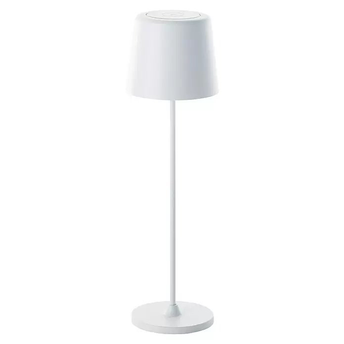 Brilliant Akku-Tischleuchte Kaami - 2 W, Weiß, Warmweiß - Weiße moderne Tischleuchte mit kegelförmigem Schirm, schlankem Fuß und rundem Sockel. Touch-Steuerung oben.