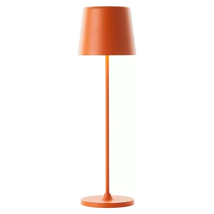 Brilliant Akku-Tischleuchte Kaami - 2 W, Orange, Warmweiß - Matte Terrakotta-Stehlampe mit konischem Schirm und rundem Fuß.