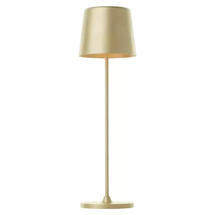 Brilliant Akku-Tischleuchte Kaami - 2 W, Gold, Warmweiß - Hohe, schlanke Stehlampe in Champagner-Gold-Finish, mit konischem Schirm und rundem Sockel.
