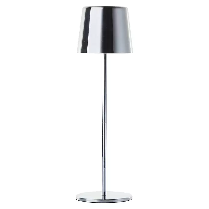 Brilliant Akku-Tischleuchte Xaana - 2 W, Silber, Mehrfarbig - Gebürstete Metalltischlampe mit konischem Schirm, schlankem Stiel und rundem Fuß.