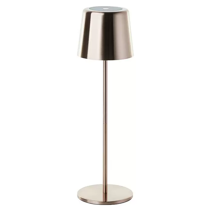 Brilliant Akku-Tischleuchte Xaana - 2 W, Kupfer, Mehrfarbig - Tischlampe aus gebürstetem Metall mit konischem Schirm, rundem Fuß und diffusem Oberlicht.