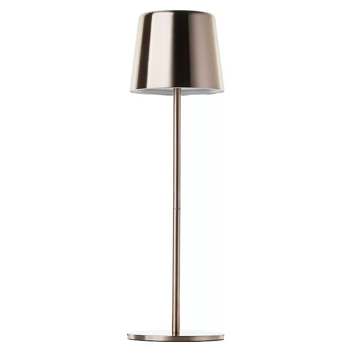Brilliant Akku-Tischleuchte Xaana - 2 W, Kupfer, Mehrfarbig - Tischlampe aus gebürstetem Metall mit konischem Schirm und rundem Fuß.