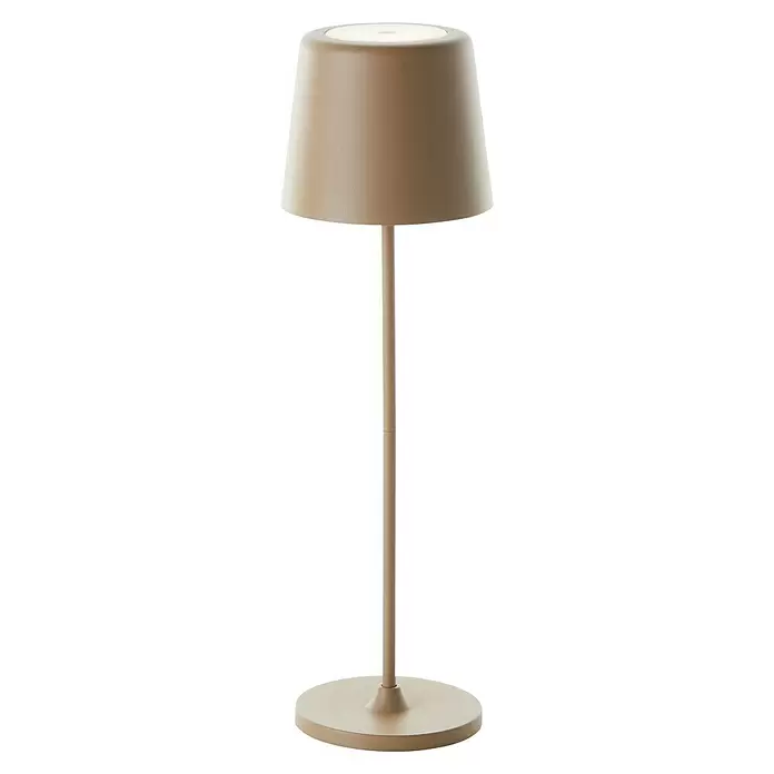 Brilliant Akku-Tischleuchte Kaami - 2 W, Cappuccino, Warmweiß - Beigefarbene Stehlampe mit konischem Schirm, schlankem Ständer und rundem Fuß.