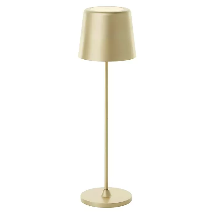 Brilliant Akku-Tischleuchte Kaami - 2 W, Gold, Warmweiß - Hohe, hellbeige Metalllampe mit konischem Schirm und rundem Fuß.