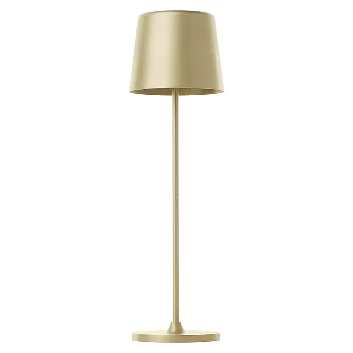 Brilliant Akku-Tischleuchte Kaami - 2 W, Gold, Warmweiß - Eine beige Stehlampe mit konischem Schirm und passendem dünnem Ständer und rundem Fuß.