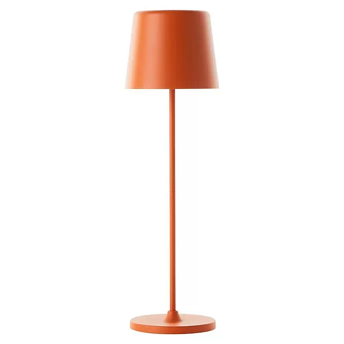Brilliant Akku-Tischleuchte Kaami - 2 W, Orange, Warmweiß - Terrakottafarbene Stehlampe mit konischem Schirm, schlankem Ständer und rundem Fuß.