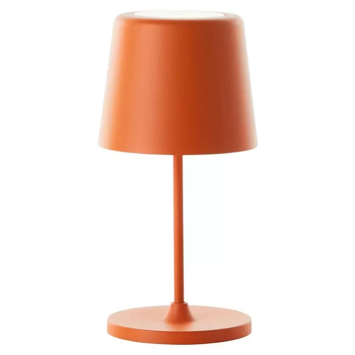 Brilliant Akku-Tischleuchte Kaami - 2 W, Orange, Warmweiß - Matte Terrakotta-Tischlampe mit konischem Schirm und rundem Fuß.