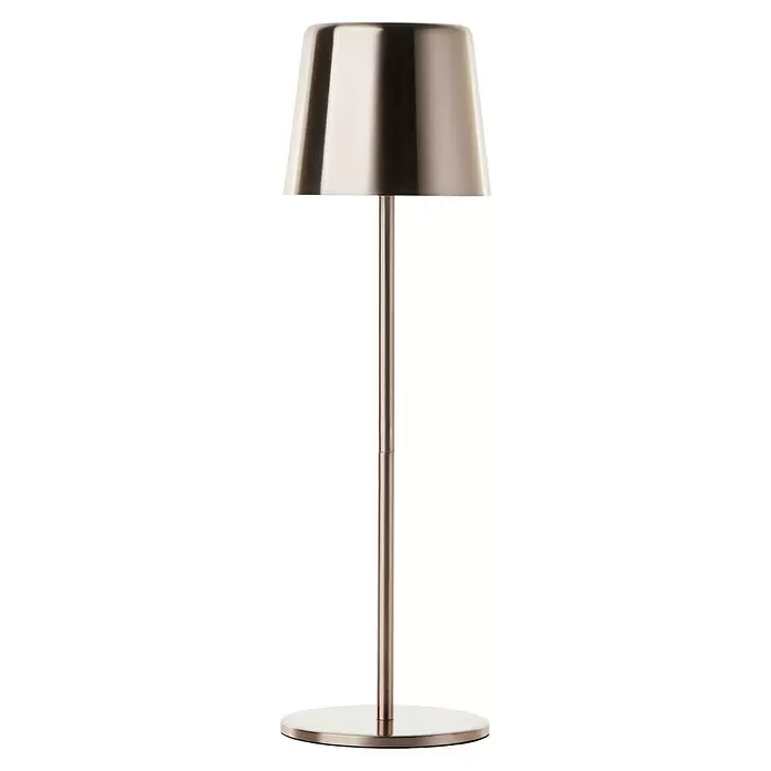 Brilliant Akku-Tischleuchte Xaana - 2 W, Kupfer, Mehrfarbig - Gebürstete silberne Metall-Tischlampe mit konischem Schirm und rundem Fuß.