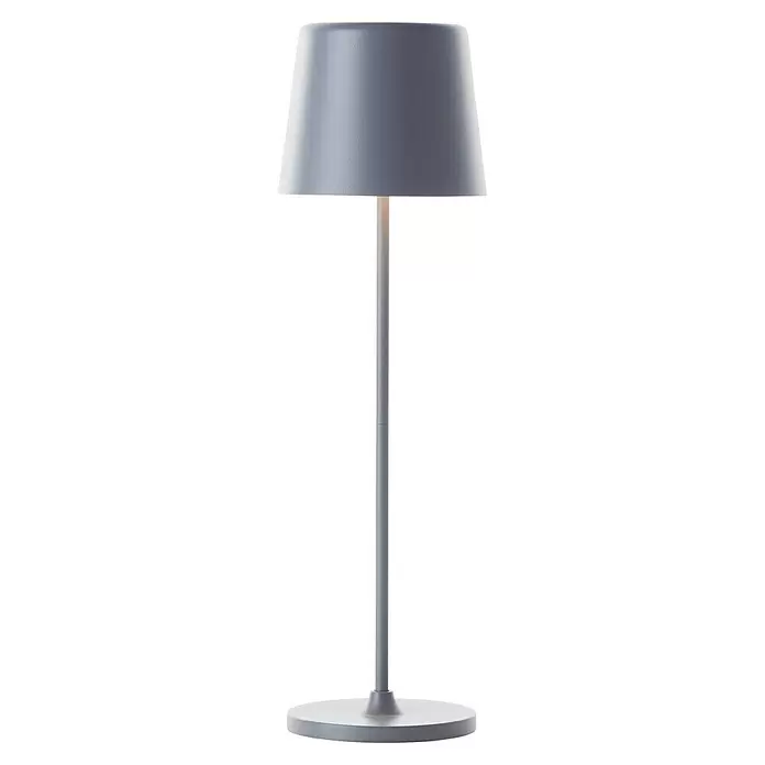 Brilliant Akku-Tischleuchte Kaami - 2 W, Grau, Warmweiß - Moderne graue Tischlampe mit konischem Schirm, zylindrischem Ständer und rundem Fuß.