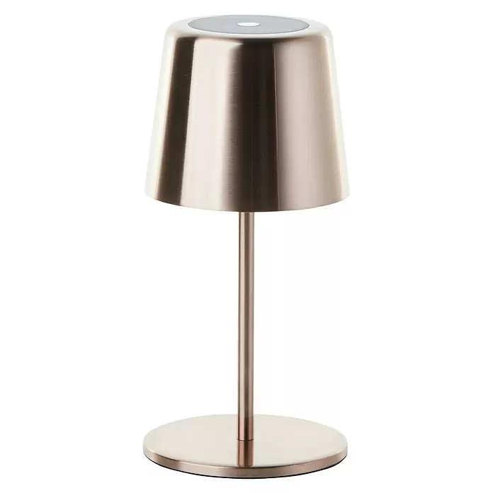 Brilliant Akku-Tischleuchte Xaana - 2 W, Kupfer, Mehrfarbig - Elegante Tischleuchte aus gebürstetem Metall mit konischem Schirm, dünnem Stiel und rundem Fuß.