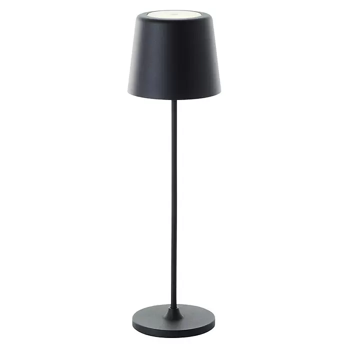 Brilliant Akku-Tischleuchte Kaami - 2 W, Schwarz, Warmweiß - Mattschwarze moderne Tischlampe mit rundem Fuß, schlankem Stiel, konischem Schirm und weißem oberen Diffusor.
