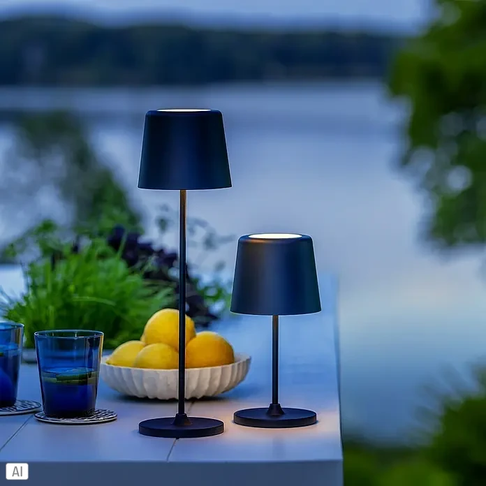 Brilliant Akku-Tischleuchte Kaami - 2 W, Schwarz, Warmweiß - Zwei elegante, kabellose Tischleuchten mit Lampenschirm in Szene gesetzt, ideal für stimmungsvolle Abende im Freien.