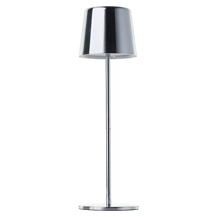 Brilliant Akku-Tischleuchte Xaana - 2 W, Silber, Mehrfarbig - Gebürstete silberne Metall-Tischlampe mit konischem Schirm und zylindrischem Ständer.