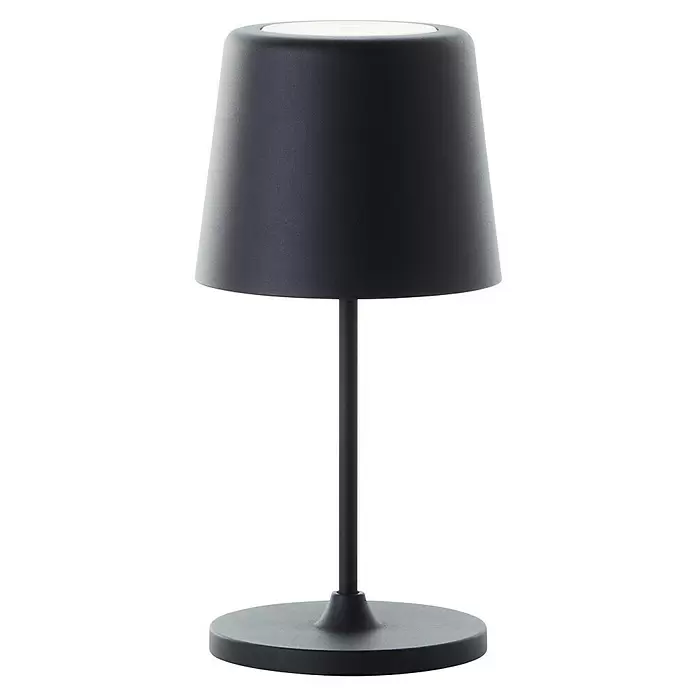 Brilliant Akku-Tischleuchte Kaami - 2 W, Schwarz, Warmweiß - Schwarze Tischlampe mit konischem Schirm und weißer Oberseite.