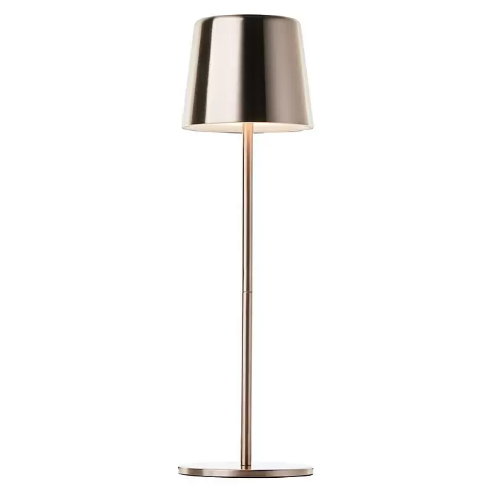 Brilliant Akku-Tischleuchte Xaana - 2 W, Kupfer, Mehrfarbig - Beleuchtete Tischlampe mit konischem Schirm aus gebürstetem Metall und schlankem Fuß.