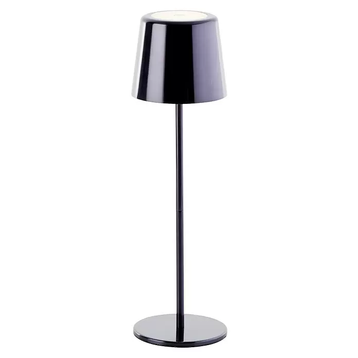 Brilliant Akku-Tischleuchte Xaana - 2 W, Schwarz/Chrom, Mehrfarbig - Glänzende schwarze minimalistische Tischlampe mit kegelförmigem Schirm, schlankem Fuß und rundem Sockel.