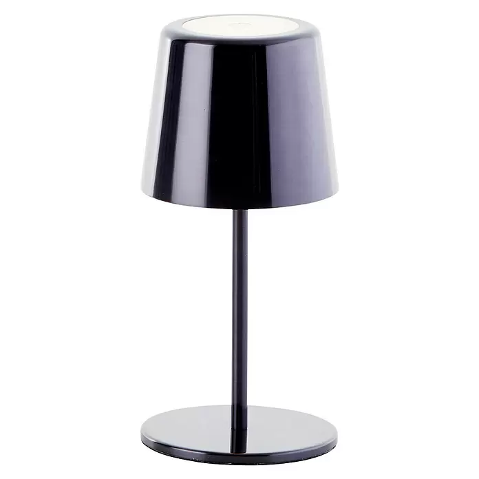 Brilliant Akku-Tischleuchte Xaana - 2 W, Schwarz/Chrom, Mehrfarbig - Glänzende dunkle Tischlampe mit ausgestelltem Schirm und rundem Fuß.