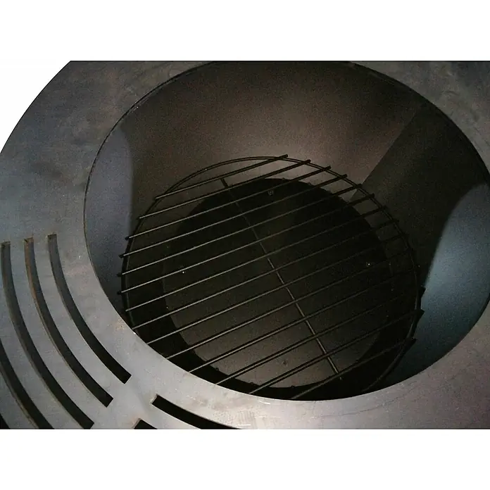 Purline Barbacoa de carbón EFP56B - Diámetro de la superficie de la parrilla: 98 cm, Negro - Primer plano del interior de un brasero con una parrilla redonda, asegurando una acogedora experiencia de fogata.