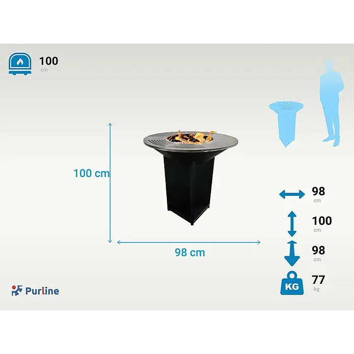 Purline Barbacoa de carbón EFP56B - Diámetro de la superficie de la parrilla: 98 cm, Negro - Dimensiones de la mesa de hoguera PURLINE, ideal para noches acogedoras al aire libre. Altura y anchura de 100 cm, peso de 77 kg.