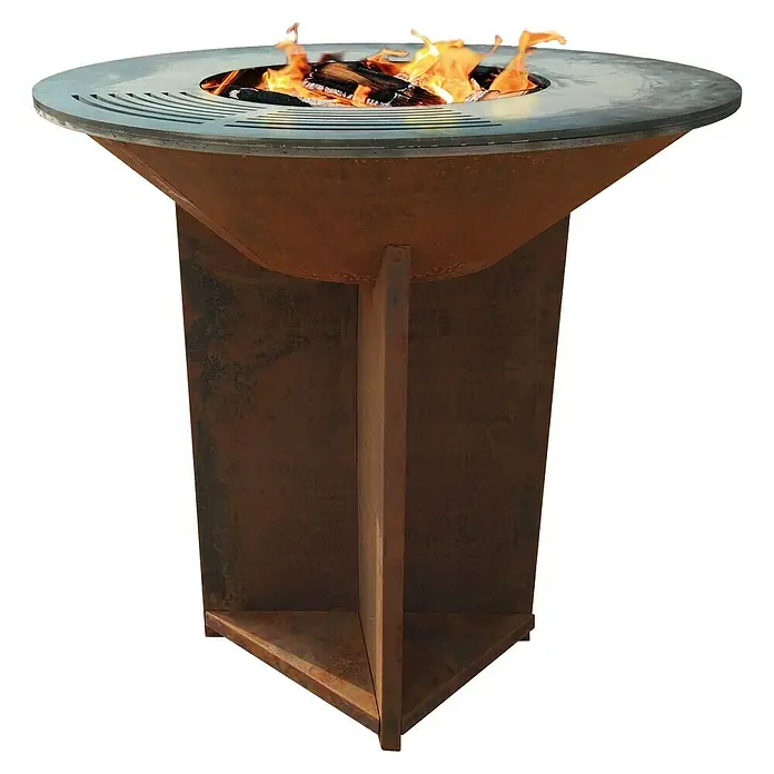 Purline Barbacoa de carbón EFP56CO - Diámetro de la superficie de la parrilla: 98 cm, Óxido - La imagen muestra una elegante mesa para asar con fuego abierto. El diseño es rústico y moderno a la vez.