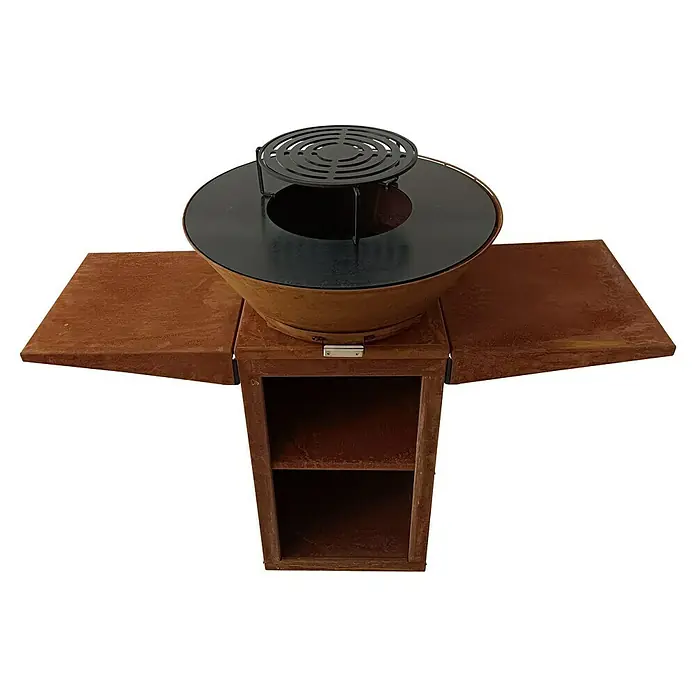 Purline Barbacoa de carbón EFP57CO - Diámetro de la superficie de la parrilla: 60 cm, Óxido - Primer plano de una parrilla con estanterías. La parrilla tiene un compartimento abierto debajo y una superficie de parrilla arriba.