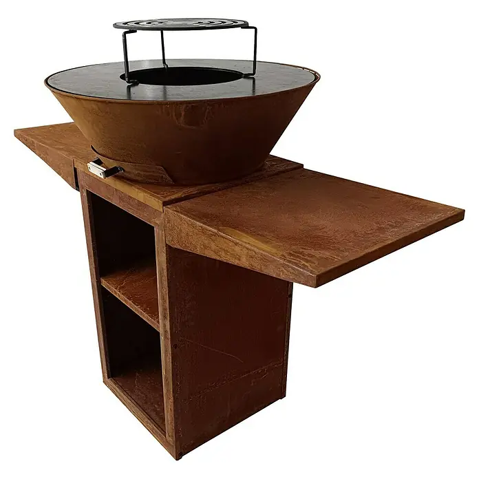 Purline Barbacoa de carbón EFP57CO - Diámetro de la superficie de la parrilla: 60 cm, Óxido - Robusta parrilla con estantes laterales y almacenamiento integrado, perfecta para cocinar al aire libre.