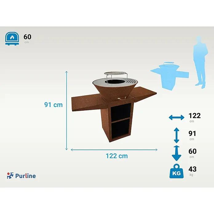 Purline Barbacoa de carbón EFP57CO - Diámetro de la superficie de la parrilla: 60 cm, Óxido - Ilustración de una elegante parrilla Purline con información de dimensiones y peso, ideal para fiestas en el jardín y barbacoas.