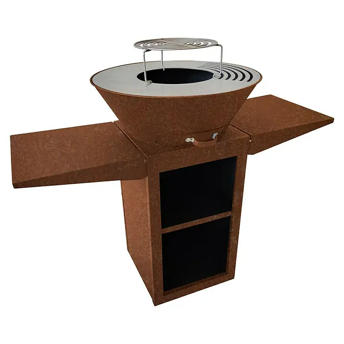 Purline Barbacoa de carbón EFP57CO - Diámetro de la superficie de la parrilla: 60 cm, Óxido - La elegante barbacoa con superficies de trabajo ofrece espacio para creaciones culinarias y es un atractivo.
