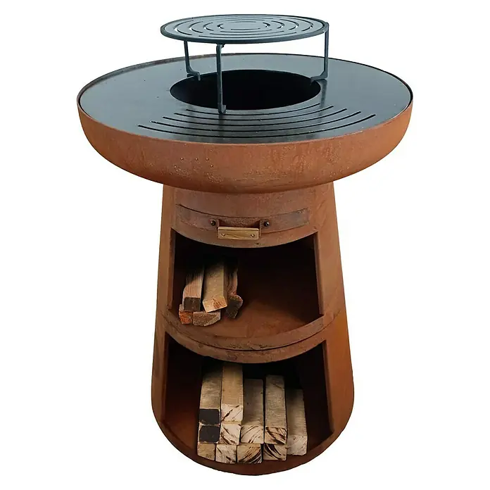 Purline Barbacoa de carbón EFP55CO - Diámetro de la superficie de la parrilla: 60 cm, Óxido - Estufa de leña con placa de parrilla. La estufa es de metal color óxido y tiene dos compartimentos para la leña.