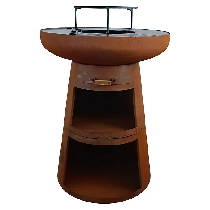 Purline Barbacoa de carbón EFP55CO - Diámetro de la superficie de la parrilla: 60 cm, Óxido - Elegante brasero oxidado con parrilla integrada y almacenamiento de leña práctico, perfecto para noches acogedoras al aire libre.