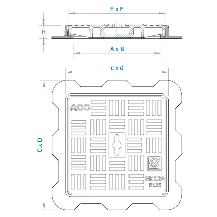 ACO Tapa de registro Guss Basic B125 - 300 x 300 mm - Ilustración de una tapa de alcantarilla ACO con dimensiones detalladas, ideal para proyectos de construcción y planificación de drenaje exterior.