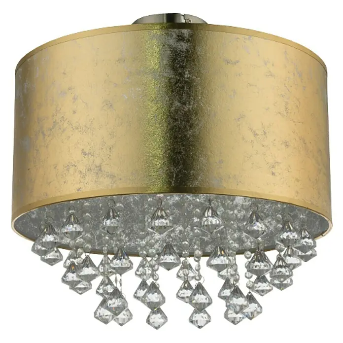 Globo Plafón Amy - 60 W, Oro, Claro, Níquel, E27 - Elegante lámpara de techo con pantalla dorada y colgantes de cristal brillantes para una iluminación elegante.