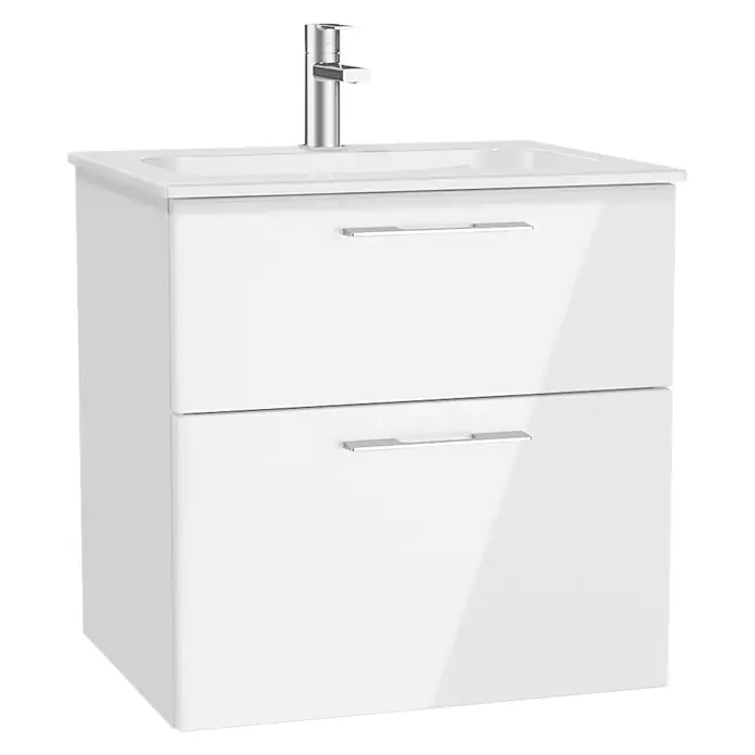 Camargue Aurinia Waschtischunterschrank - 60 x 48 x 60 cm, Weiß - Ein weißer Waschtischunterschrank mit zwei Schubladen und einem modernen Wasserhahn. Ideal für jedes Badezimmer.