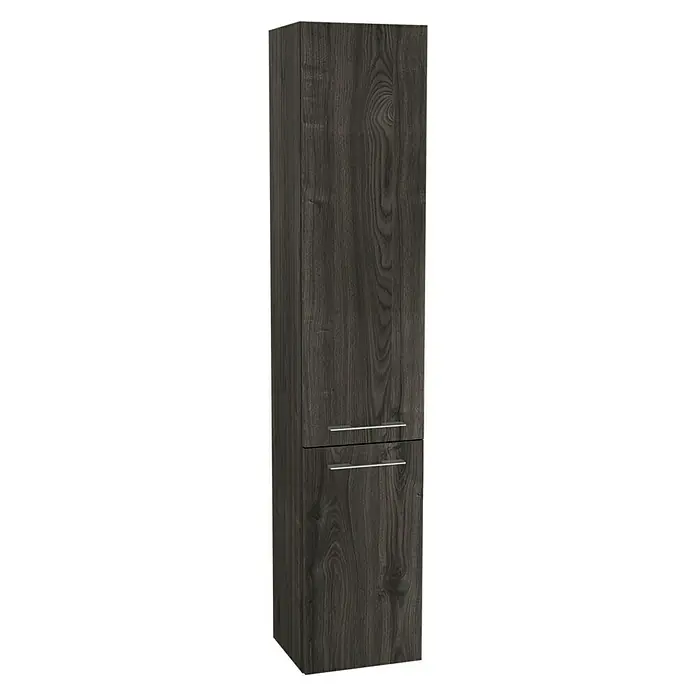 Camargue Aurinia Hochschrank - 35 x 32 x 176 cm, Marone Dekor Trüffel, DIN Anschlag: Rechts - Schlanker Hochschrank in dunkler Holzoptik mit zwei Fächern und silberfarbenen Griffen für ein modernes Badezimmerdesign.