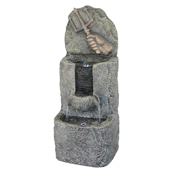 Silex Gartenbrunnen Wassermann - 35 cm x 26 mm x 81 cm, Kunststoff - Stehender Polyresin-Brunnen mit einem Design aus einem Felsen mit einem Dreizack, der von einer Hand gehalten wird, mit LED-Leuchten.