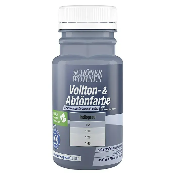 SCHÖNER WOHNEN-Farbe Vollton- & Abtönfarbe - Indigograu, Matt, 125 ml - Nahaufnahme einer Dose Schöner Wohnen Vollton- & Abtönfarbe in der Farbe Indiograu, ideal zum Abmischen von Dispersionsfarben.