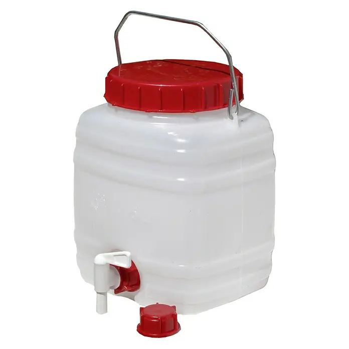 Floraworld Getränkefass Standard - Fassungsvermögen: 5 l - Ein weißer, fast durchsichtiger Wasserkanister mit rotem Deckel und Hahn, ideal für Camping oder Notfälle. Mit praktischem Tragegriff.