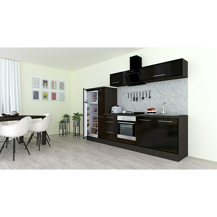 Respekta Premium Composición de cocina (Ancho: 300 cm, Con dispositivos eléctricos, Negro de alto brillo)