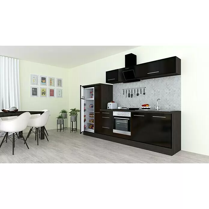Respekta Premium Composición de cocina Amanda Alto - Ancho: 300 cm, Roble/Negro, Con electrodomésticos - Cocina moderna de madera oscura con gabinetes negros y electrodomésticos blancos en un comedor de planta abierta con mesa, sillas y plantas.