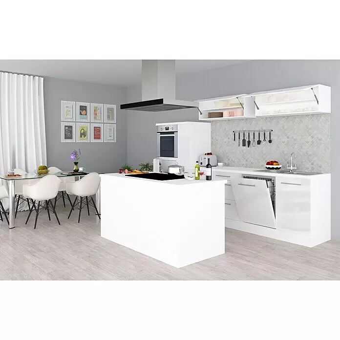 Respekta Premium Cocina de isla Amanda - Ancho: 310 cm, Blanco, Con electrodomésticos - Cocina moderna blanca con isla, electrodomésticos integrados y zona de comedor con mesa de cristal y sillas blancas.