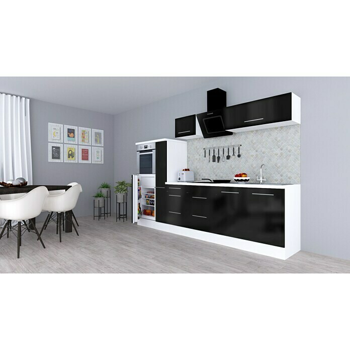 Respekta Premium Composición de cocina (Ancho: 300 cm, Con dispositivos eléctricos, Negro de alto brillo)