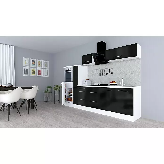 Respekta Premium Composición de cocina Amanda - Ancho: 300 cm, Blanco/Negro, Con electrodomésticos - Muebles de cocina modernos en blanco y negro con horno integrado y nevera abierta en un comedor.