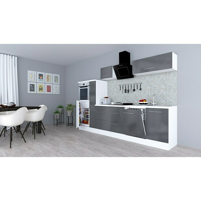 Respekta Premium Composición de cocina (Ancho: 310 cm, Con dispositivos eléctricos, Gris de alto brillo)