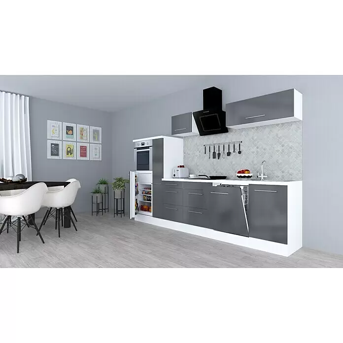 Respekta Premium Composición de cocina Amanda - Ancho: 310 cm, Blanco/Gris, Con electrodomésticos - Cocina moderna con elegantes armarios grises y blancos, horno integrado, nevera semiabierta, lavavajillas, fregadero y campana extractora, en un comedor.