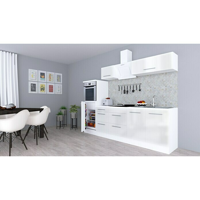 Respekta Premium Composición de cocina (Ancho: 270 cm, Con dispositivos eléctricos, Blanco de alto brillo)
