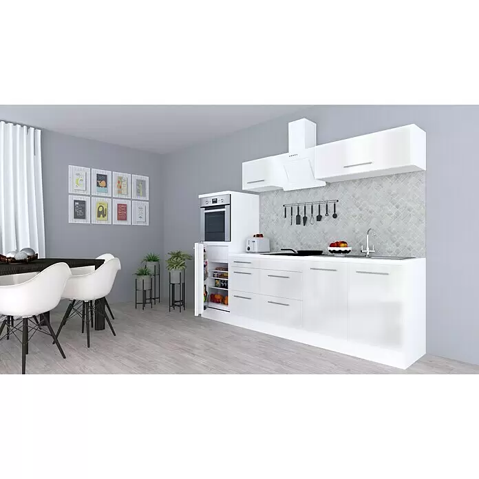 Respekta Premium Composición de cocina Amanda - Ancho: 270 cm, Blanco, Con electrodomésticos - Cocina blanca moderna con horno integrado, frigorífico empotrado, elegantes armarios y cajones, junto a un comedor.