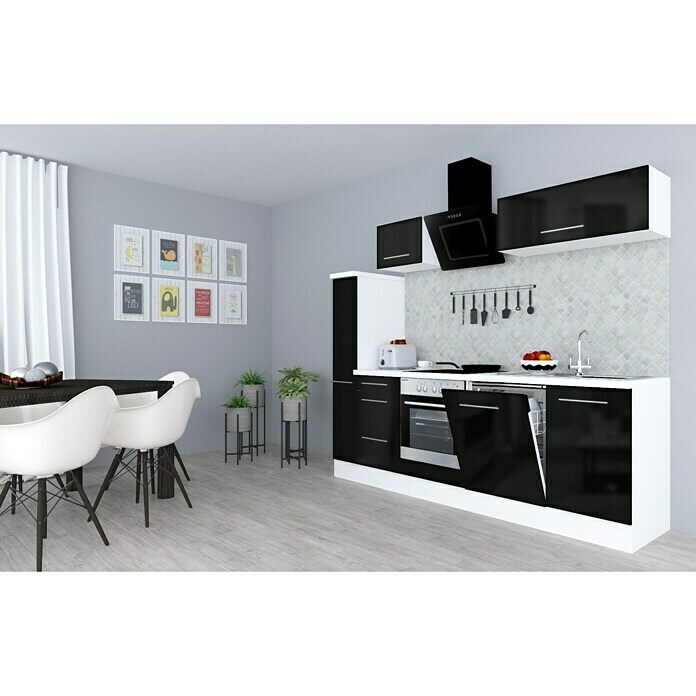 Respekta Premium Composición de cocina (Ancho: 250 cm, Con dispositivos eléctricos, Negro de alto brillo)